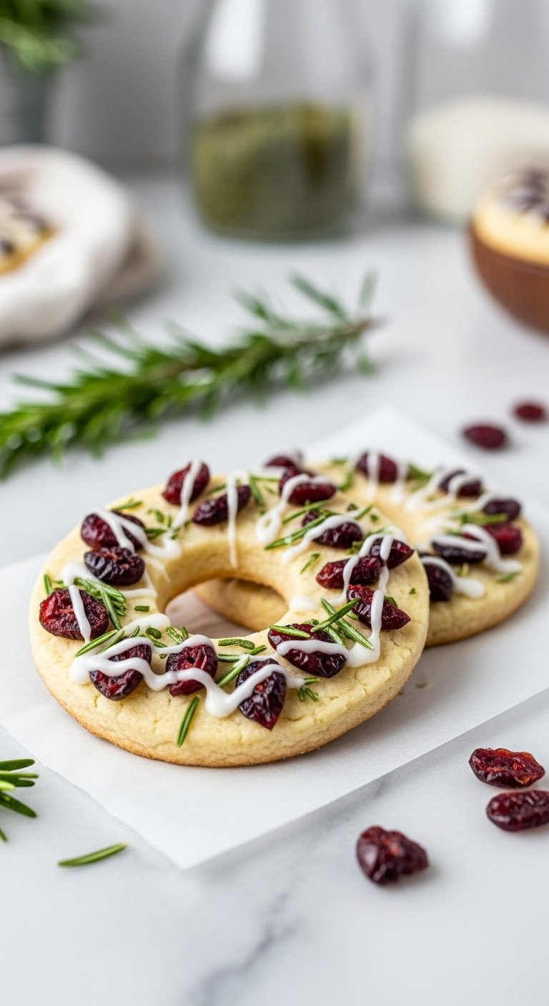Festive Cranberry Rosemary Wreath Shortbread Cookies, Glazed, With Red Cranberries And Green Rosemary On Parchment.