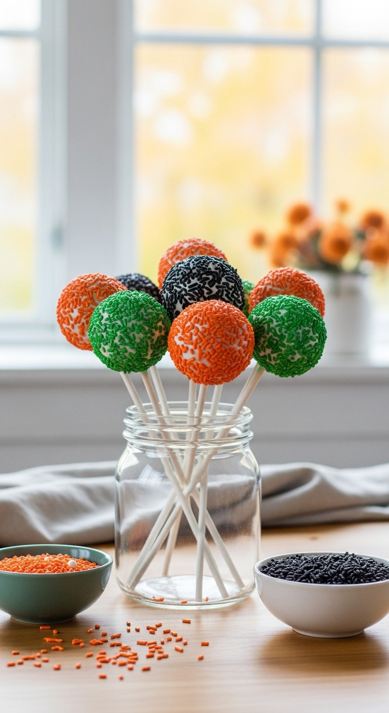 Festive Halloween Sprinkled Cake Pops In A Glass Jar On A Light Wood Table With Bowls Of Colorful Nonpareils