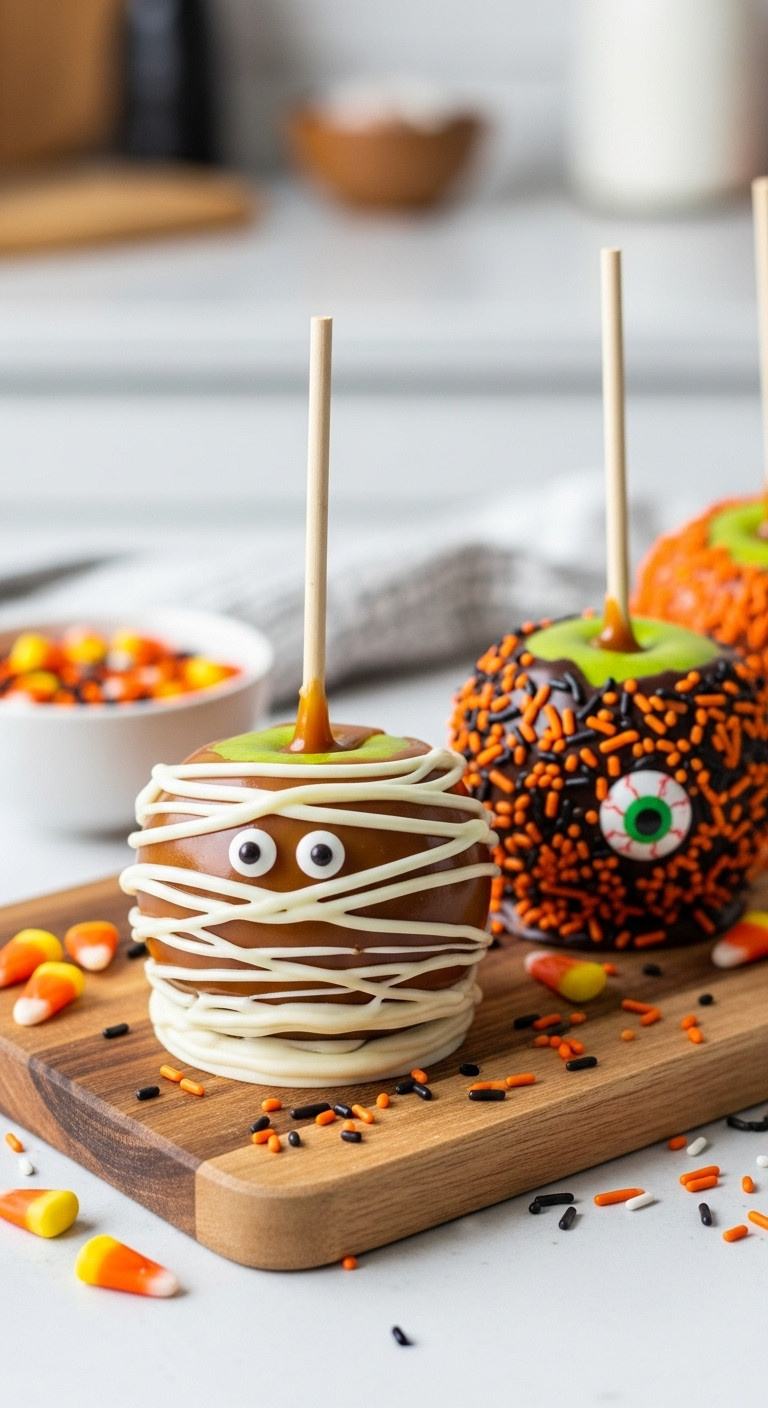 Festive Halloween Caramel Apples: Mummy, Dark Chocolate With Sprinkles, And Candy Eyeball, On A Rustic Wooden Board.
