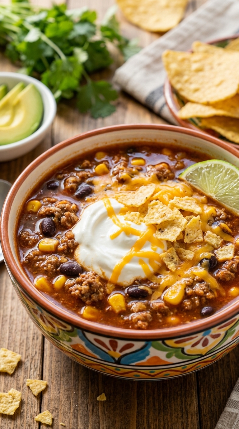 Festive Instant Pot Taco Soup With Ground Beef, Black Beans, Corn, Sour Cream, Cheese, And Tortilla Chips