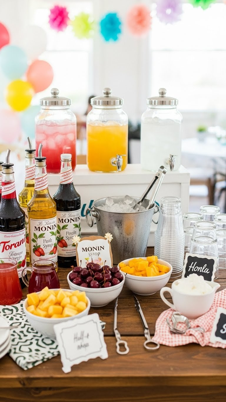 Festive Italian Soda Bar Station With Syrup Bottles, Garnishes, And Glassware Arranged On Rustic Wooden Table.