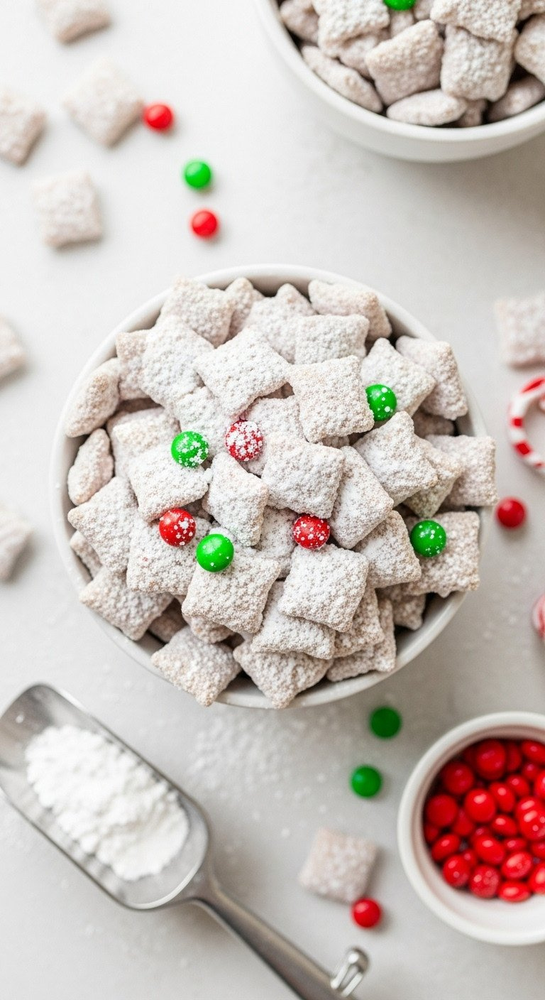 Festive No-Bake Powdered Sugar Puppy Chow With Red &Amp; Green Sprinkles In A White Porcelain Bowl. Delicious Holiday Snack.