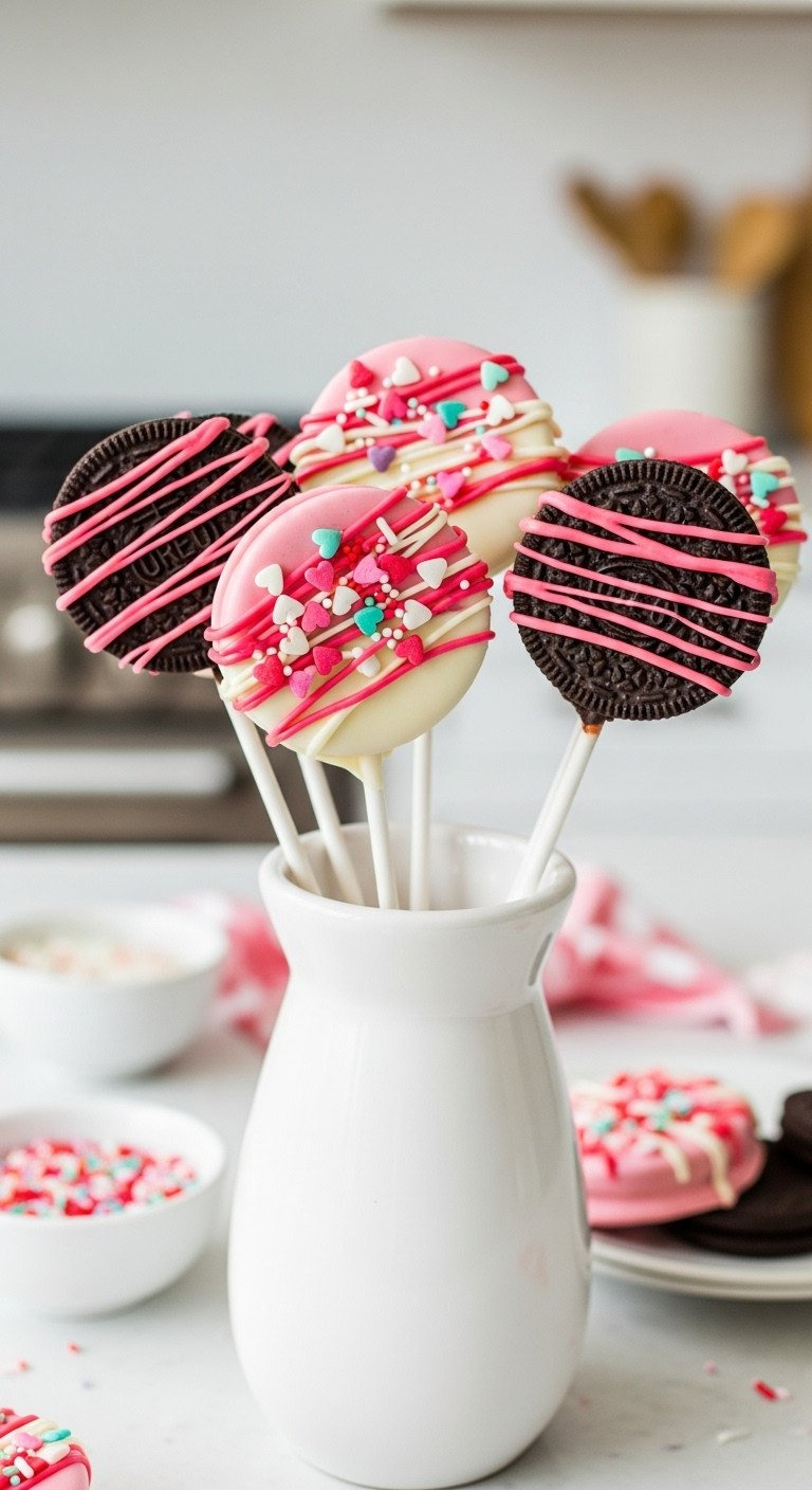 Festive Oreo Pops Dipped In Pink And White Chocolate With Heart Sprinkles, Standing In A Vase. Vibrant Valentine's Day Treats.