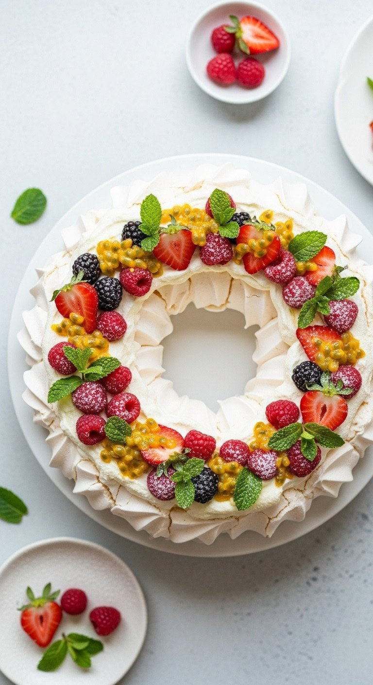 Festive Pavlova Wreath With Crisp Meringue, Whipped Cream, Vibrant Red Berries, Passionfruit, Mint. Elegant Summer Christmas Dessert.