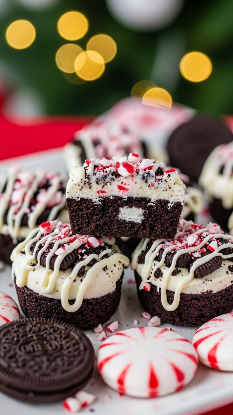 Festive Peppermint Oreo Holiday Bites With Dark Chocolate, Crushed Candy Cane, And White Drizzle On A Holiday Platter.
