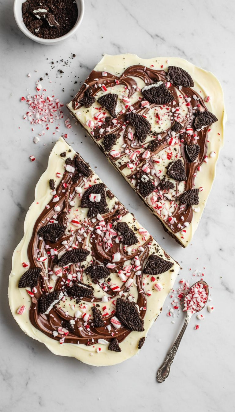 Festive Peppermint Oreo Bark: Jagged Chocolate Pieces With White And Dark Swirls, Crushed Candy Canes, Oreo Chunks. Flat Lay.