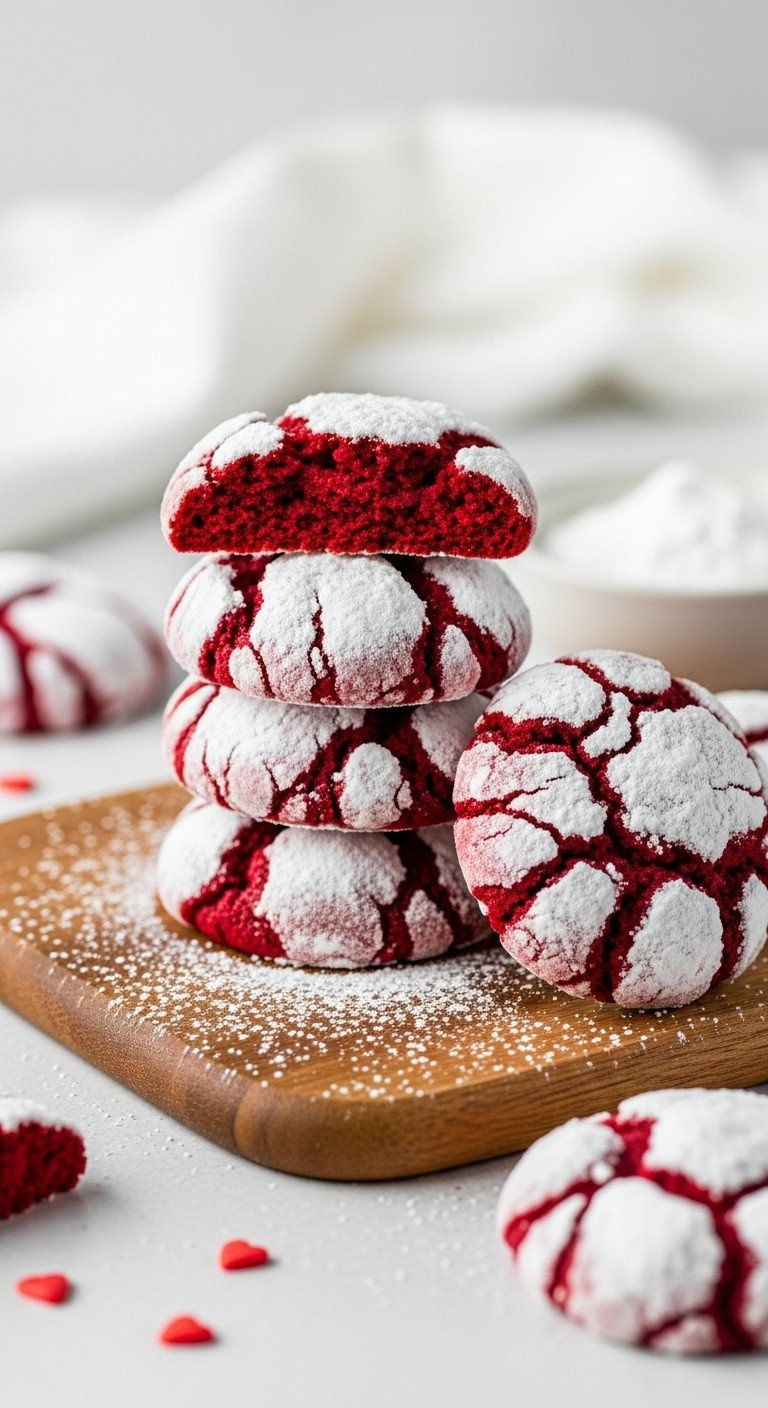 Festive Red Velvet Crinkle Cookies, Cracked Texture, Heavily Dusted With White Powdered Sugar. Wooden Board, Heart Sprinkles, Bright Daylight.