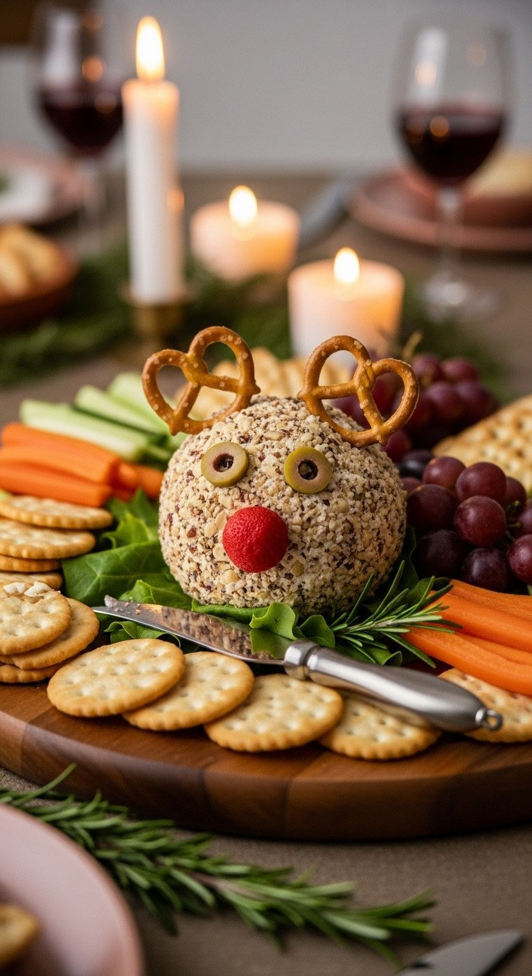 Festive Reindeer Cheese Ball: Nut-Coated, Pretzel Antlers, Olive Features On A Wooden Board With Crackers.