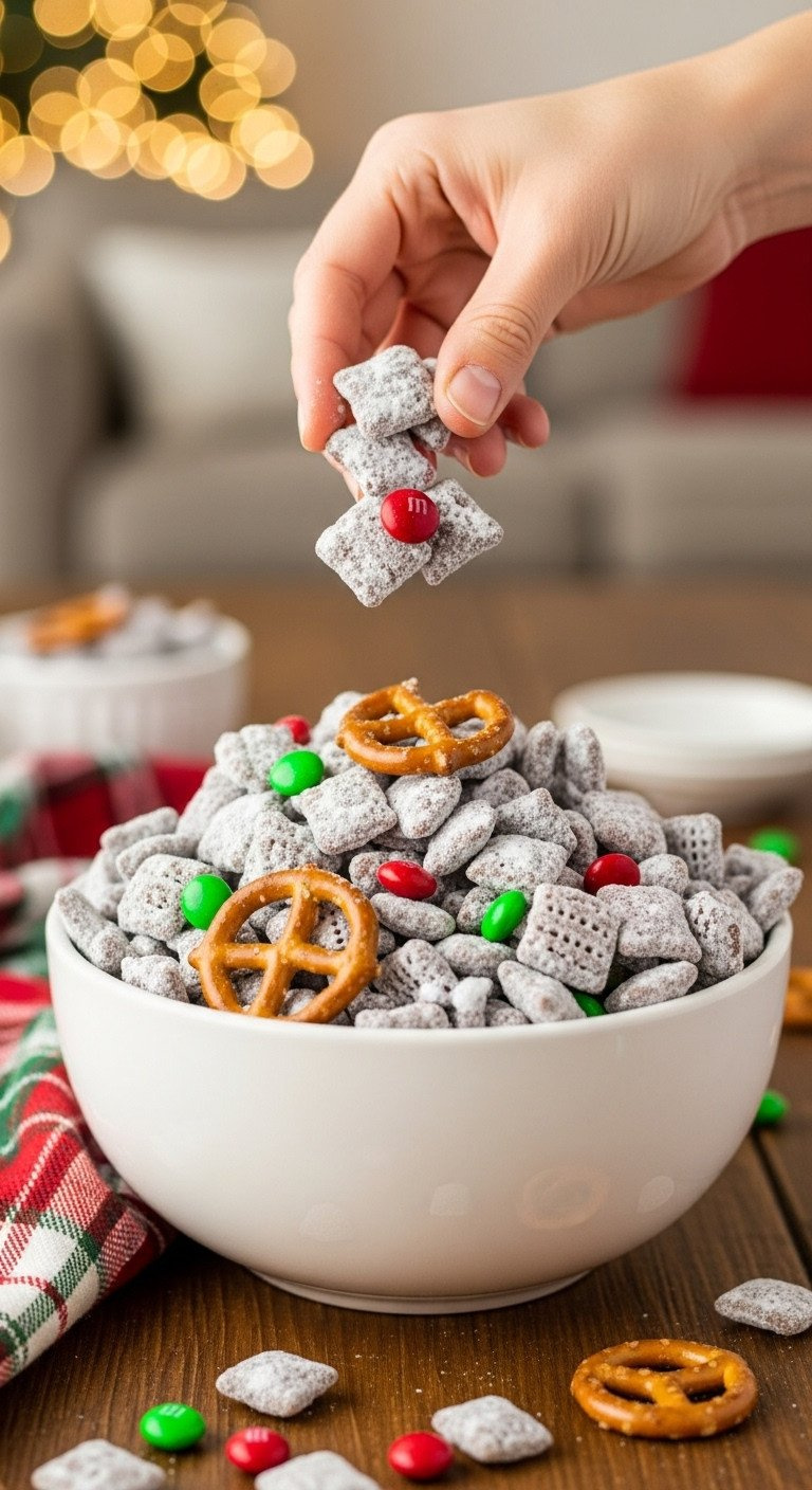 Festive Reindeer Chow (Puppy Chow) Snack Mix, Chex Cereal Coated In Chocolate, Peanut Butter, M&Amp;M's In White Bowl, Holiday Treat.