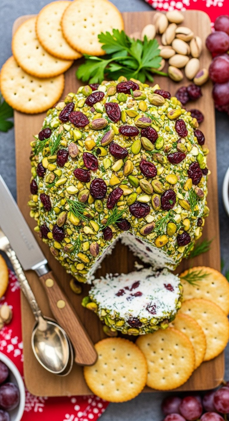 Festive Vegan Cheese Ball Coated With Cranberries, Pistachios, And Fresh Herbs, Creamy And Firm, On A Platter With Crackers.