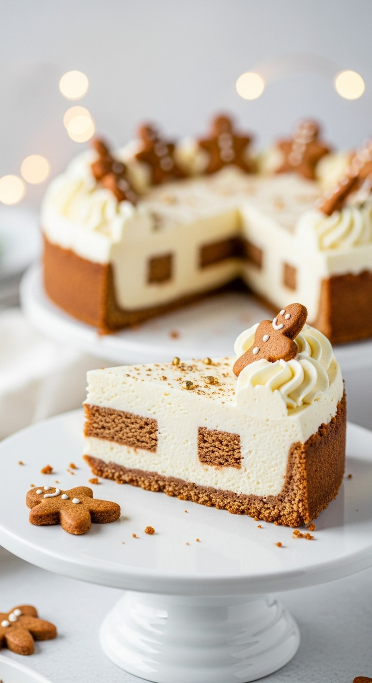 Festive White Chocolate Gingerbread Cheesecake Slice With Gingerbread Crust, Creamy Filling, Cookie Cutouts, Gold Dust. Holiday Decor.