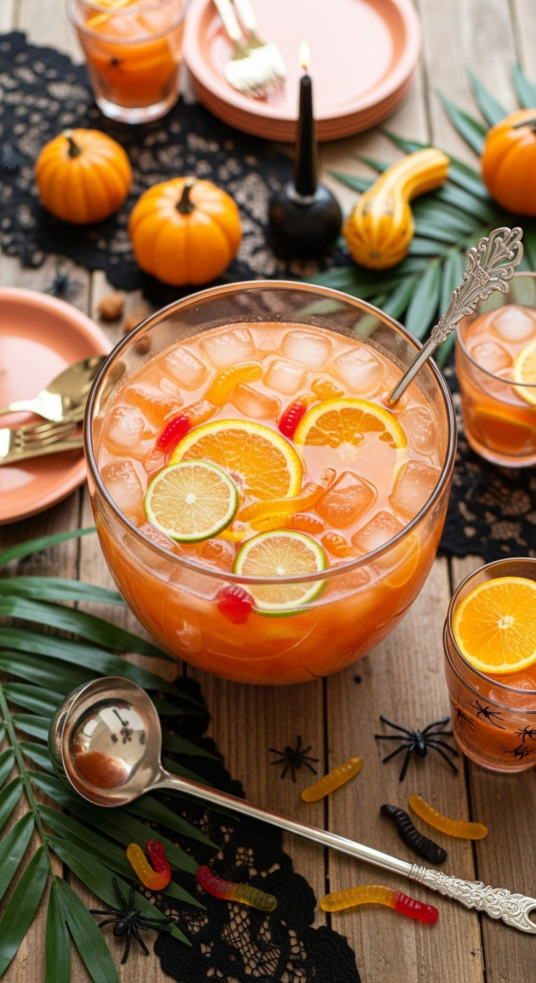 Festive Witches' Brew Coconut Rum Punch In A Glass Bowl With Sliced Oranges, Lime, And Eerie Gummy Worms For Halloween.