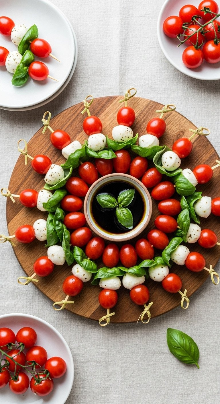 Festive Antipasto Wreath With Cherry Tomatoes, Mozzarella, Olives, Basil On A Wooden Board With Balsamic Glaze. Easy No-Cook Holiday Appetizer.