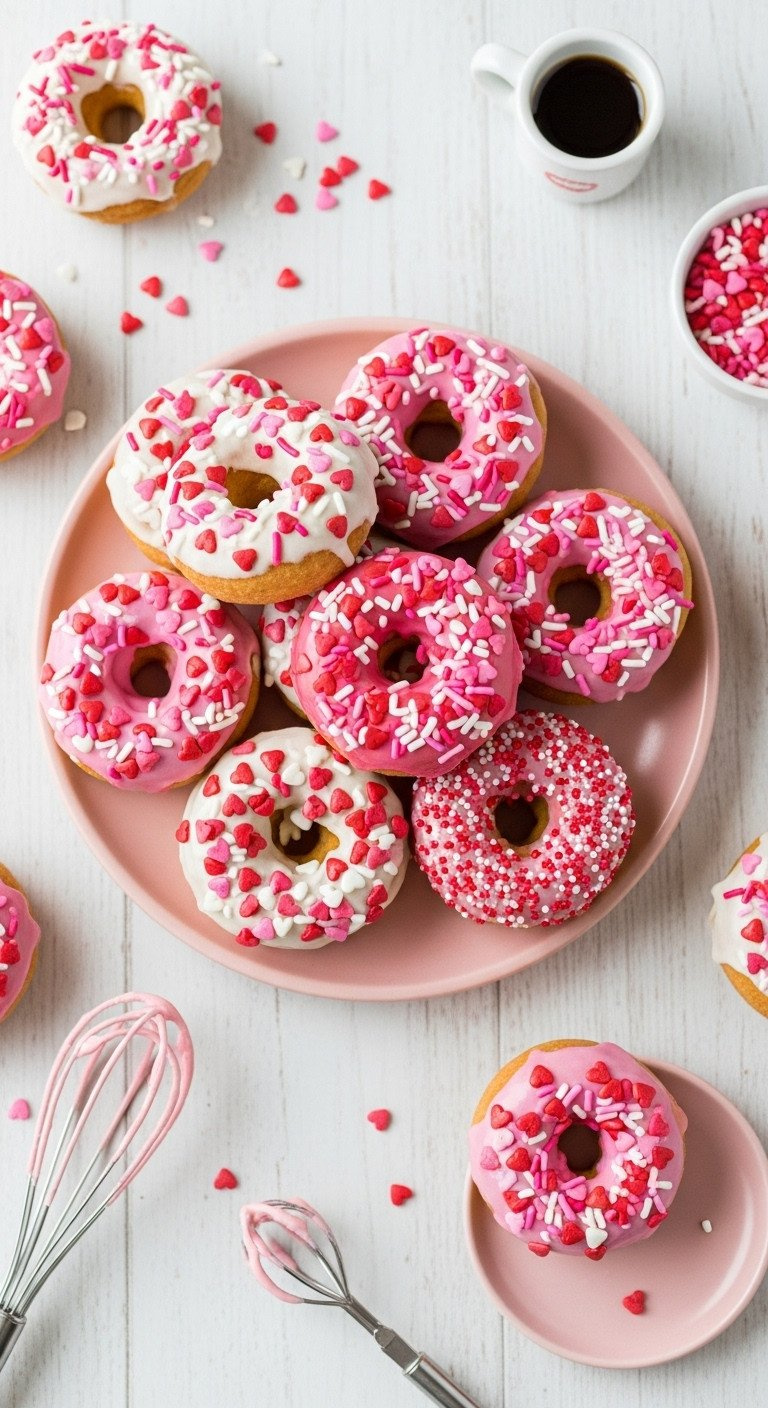 Festive Baked Doughnut Holes With White &Amp; Pink Glaze, Liberally Covered In Red &Amp; Pink Heart Sprinkles On A Pink Platter.