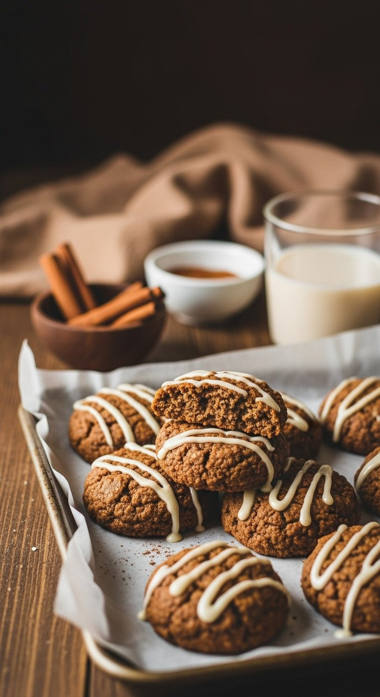 Festive Baked Vegan Cinnamon Oatmeal Cookies With Glaze On Parchment, Cinnamon Sticks &Amp; Plant Milk, Cozy Setting.