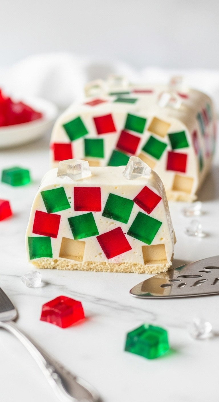 Festive Broken Glass Jello With Shimmering Red, Green, Clear Cubes In Creamy White Base, Showing Stained-Glass Effect.