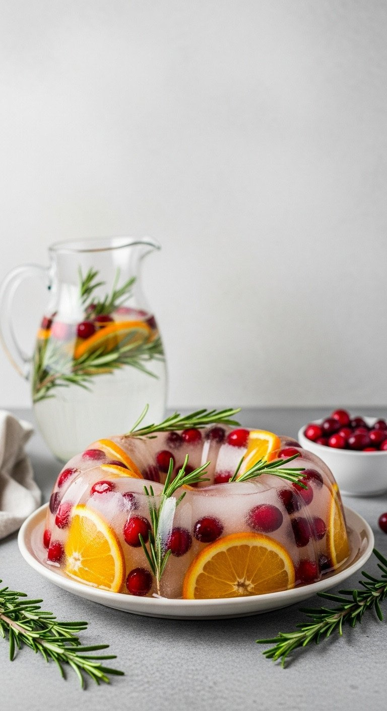 Festive Bundt Pan Ice Ring With Frozen Cranberries, Orange Slices, Rosemary Sprigs On A Cold Stone Surface.