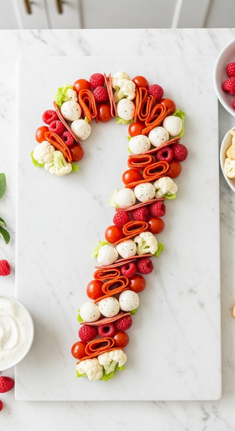 Festive Candy Cane Charcuterie Board With Red Tomatoes, Raspberries, Pepperoni And White Mozzarella, Cauliflower.