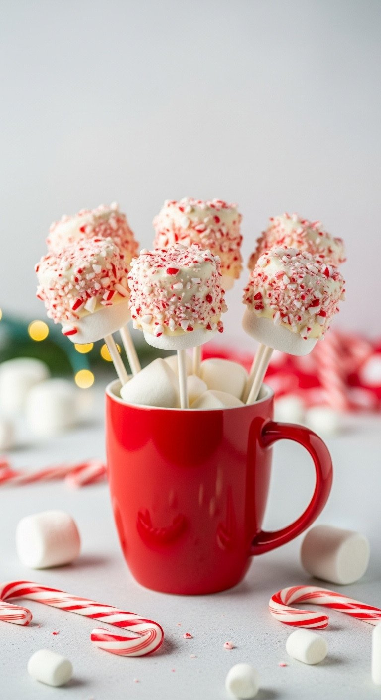 Festive Candy Cane Marshmallow Pops Dipped In White Chocolate And Crushed Peppermint, Arranged In A Red Mug For A Holiday Gift.