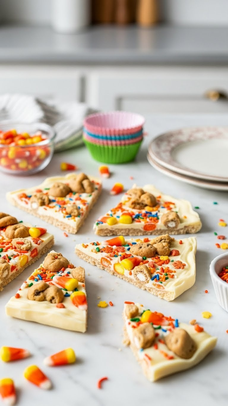 Festive Candy Corn Cookie Bark With White Chocolate And Colorful Sprinkles Broken Into Tempting Shards