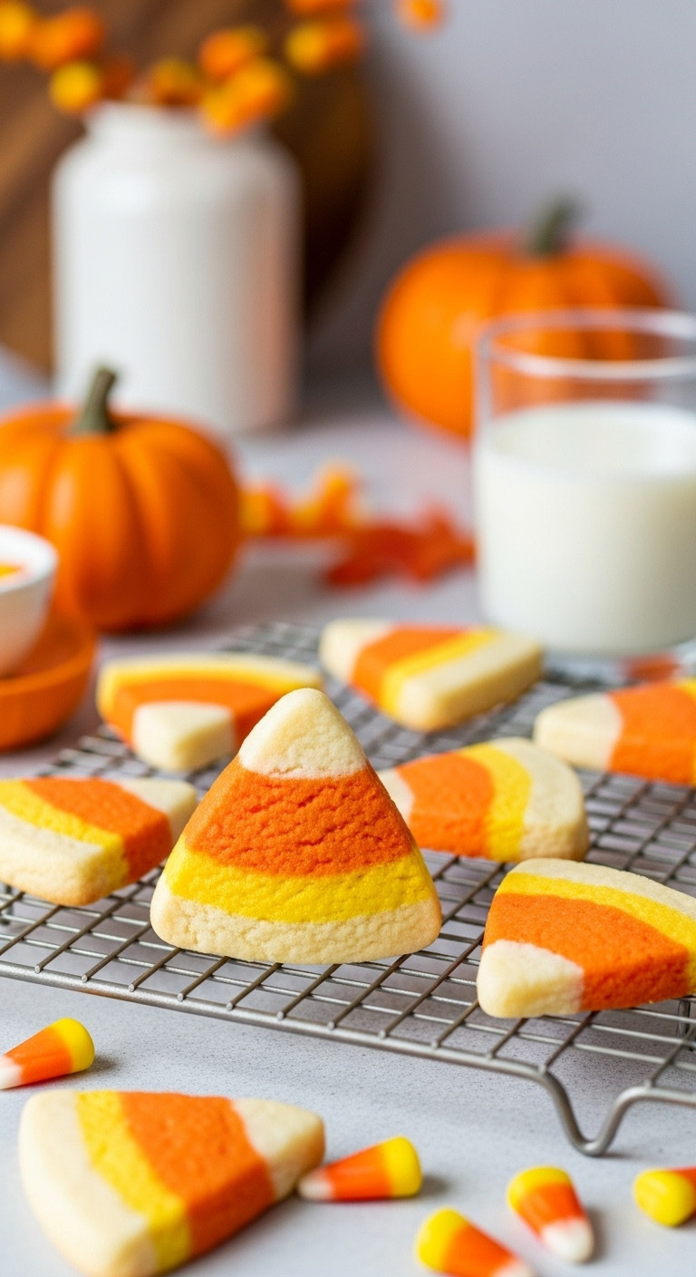 Festive Candy Corn Cookies With White Orange And Yellow Layers On A Wire Cooling Rack With Scattered Candy Corn And Milk