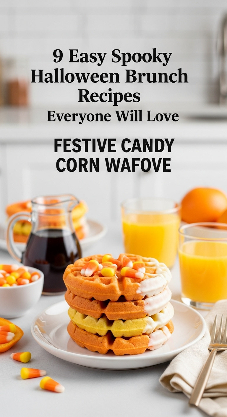 Festive Candy Corn Waffles Stacked On A White Plate With Melted White Chocolate And Syrup For Halloween Brunch