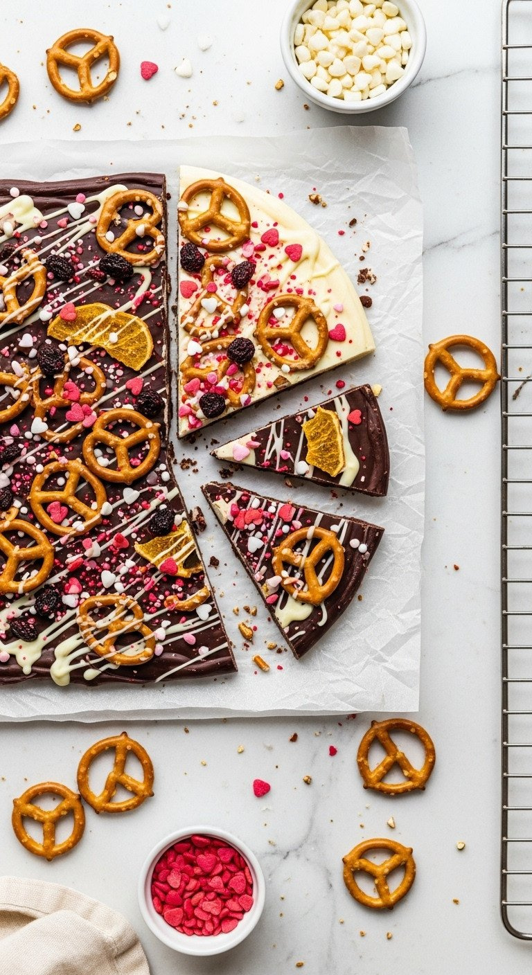 Festive Chocolate Bark: Bittersweet, White Drizzle, Pretzels, Dried Fruit, Red Heart Sprinkles. Bright, Customizable Dessert.