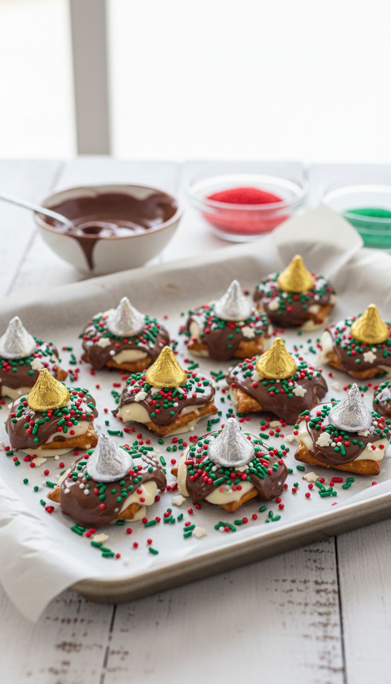 Festive Chocolate-Dipped Pretzel Bites With Christmas Sprinkles And A Hershey Kiss On A Baking Tray, Sweet And Salty Treat.
