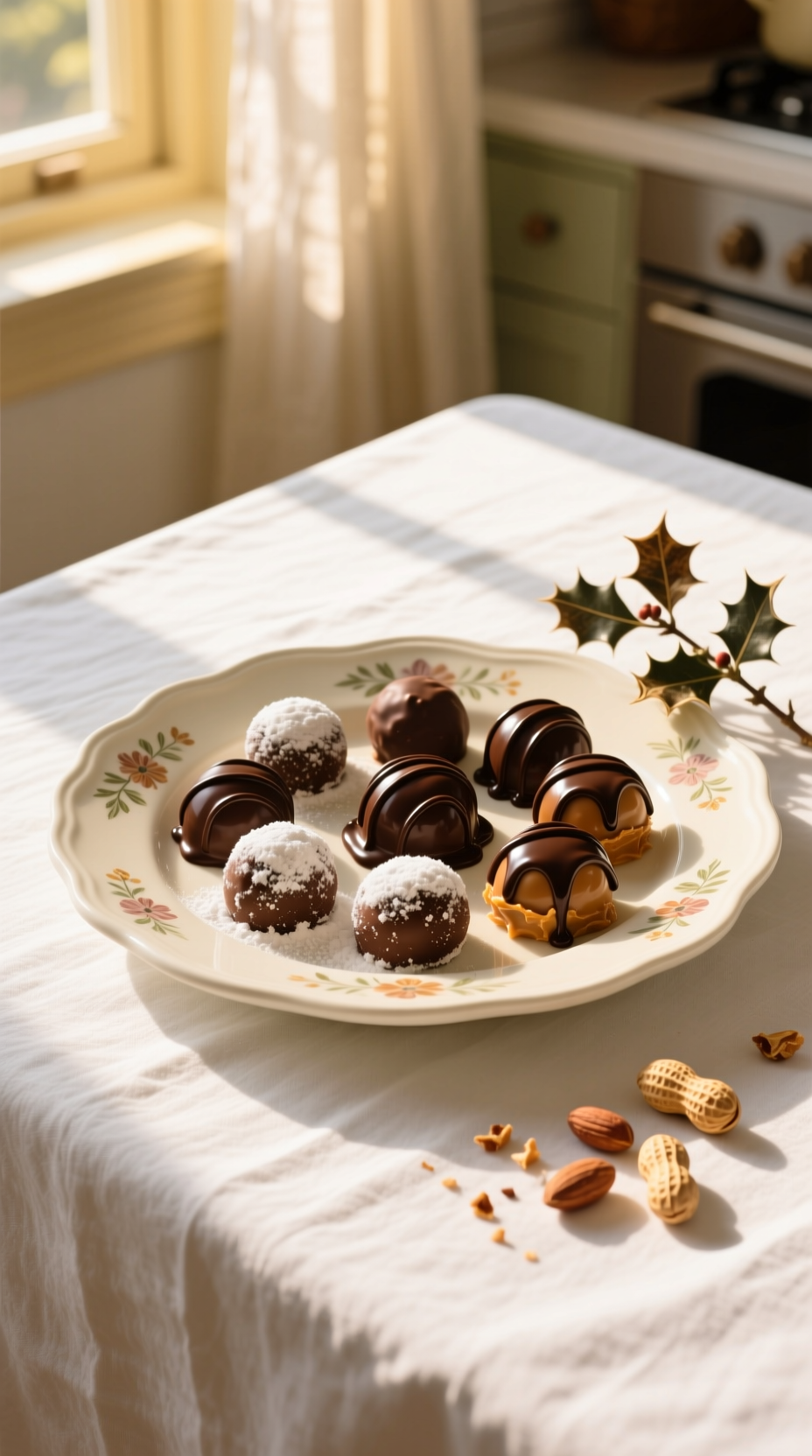 Festive Chocolate Peanut Butter Balls, Some Sugared, Some Drizzled, On A Silver Tray With Holly, On A White Linen Tablecloth.