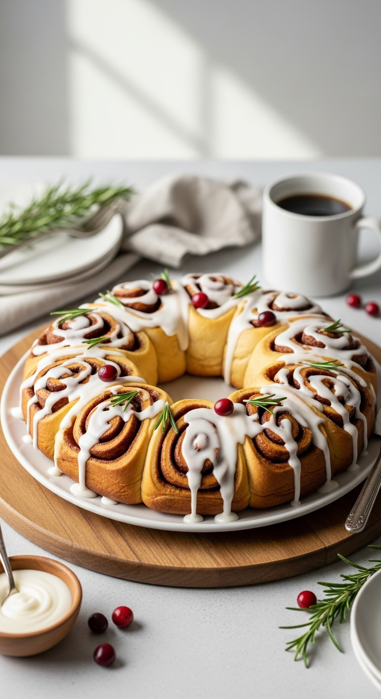 Festive Cinnamon Roll Wreath With Cream Cheese Icing On A Rustic Wood Server With Coffee And Garnish