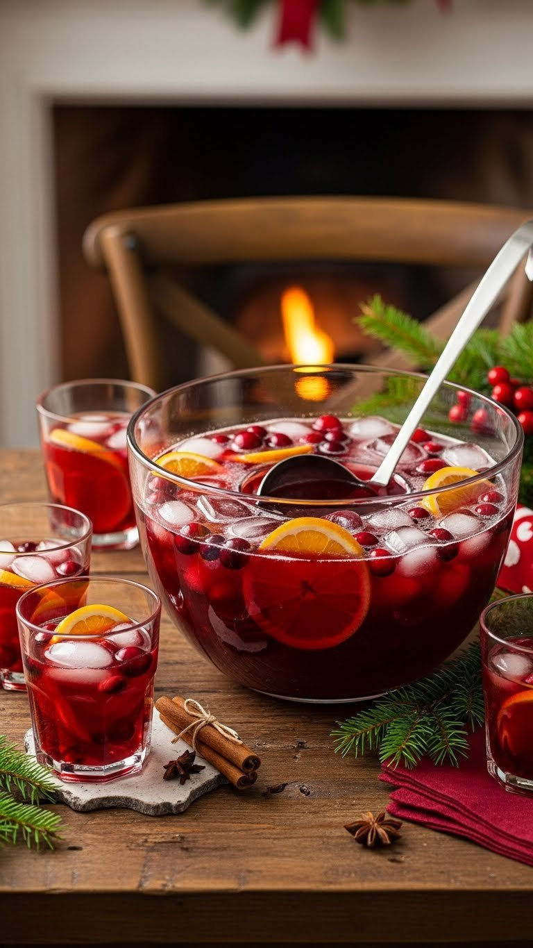 Festive Cranberry Sprite Punch Bowl With Ice Ring, Floating Cranberries, Orange Slices, And Ladle On Rustic Wooden Holiday Table