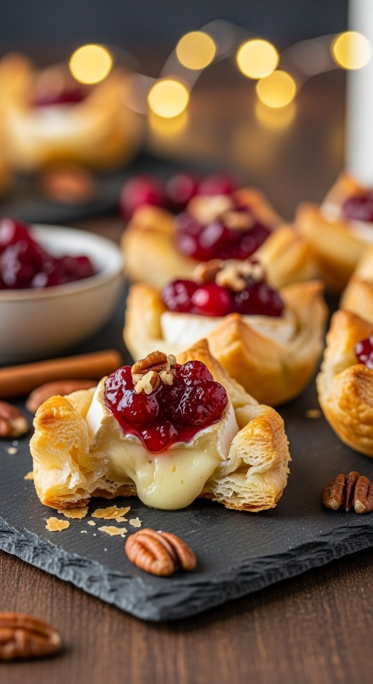 Festive Cranberry Brie Bites On A Slate Board, Featuring Flaky Pastry, Melted Cheese, Cranberry, And Pecans.