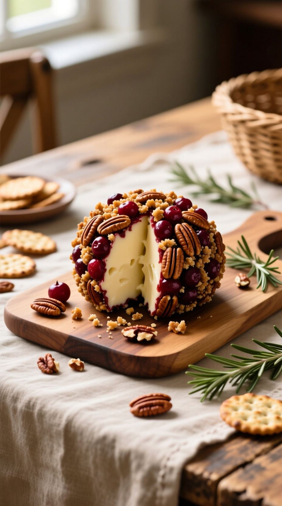 Festive Cranberry Pecan-Crusted Cheese Ball On A Wooden Serving Board With Crackers &Amp; Rosemary. Perfect Holiday Appetizer.