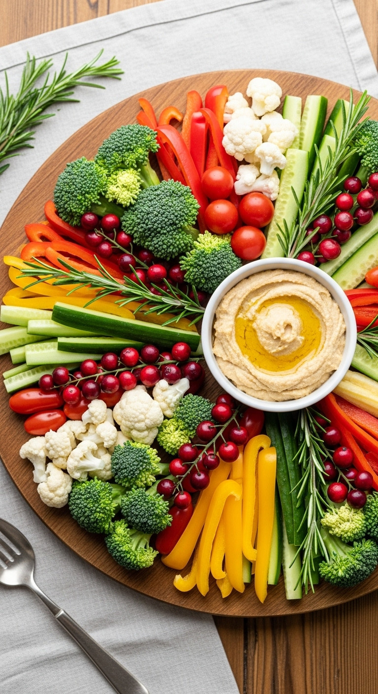 Festive Crudités Wreath With Broccoli, Bell Peppers, Tomatoes, Cucumber, Cranberries, Rosemary, And Hummus Dip On Rustic Wood.