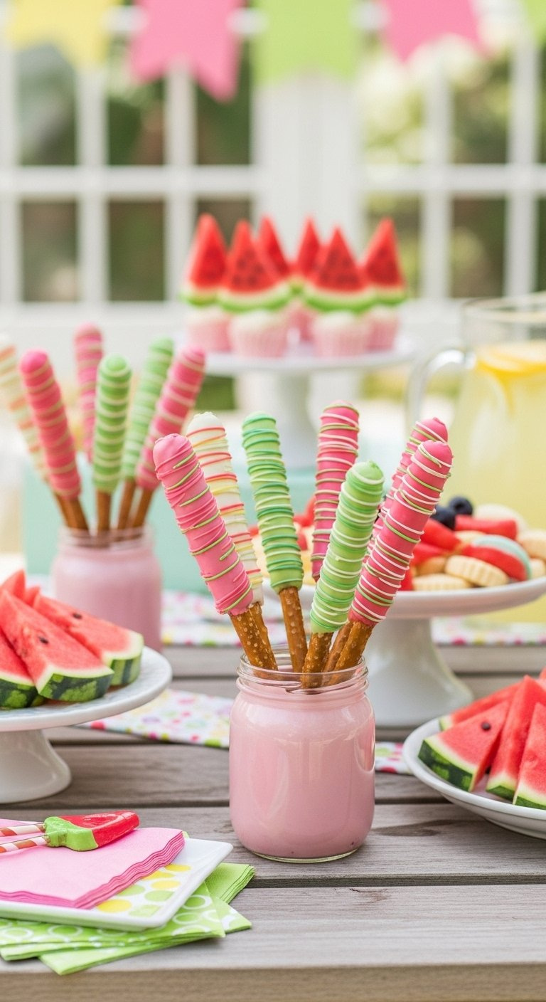 Festive Display Of Watermelon Pretzel Rods Arranged On A Summer Party Dessert Table.