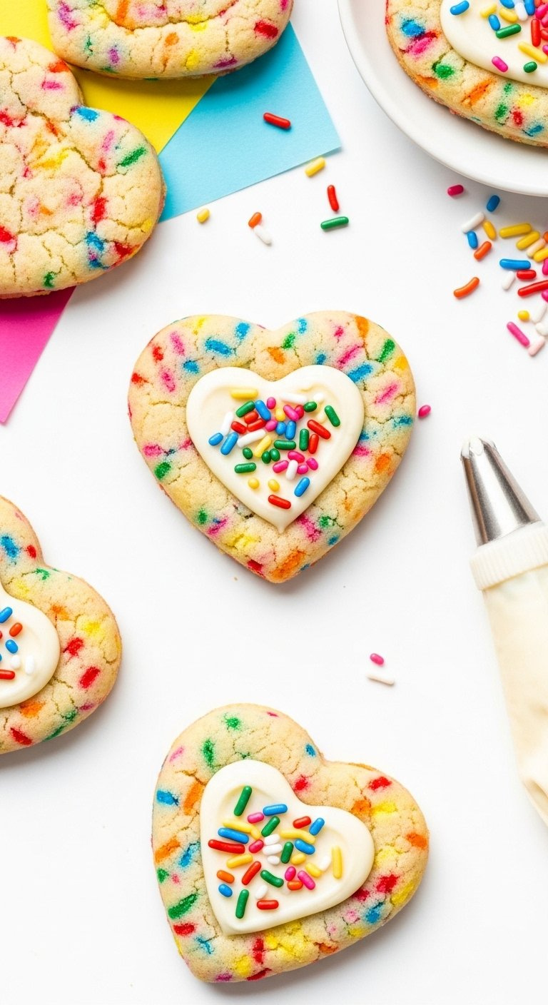 Festive Funfetti Thumbprint Heart Cookies With Rainbow Sprinkles And Vanilla Frosting On Colorful Paper.