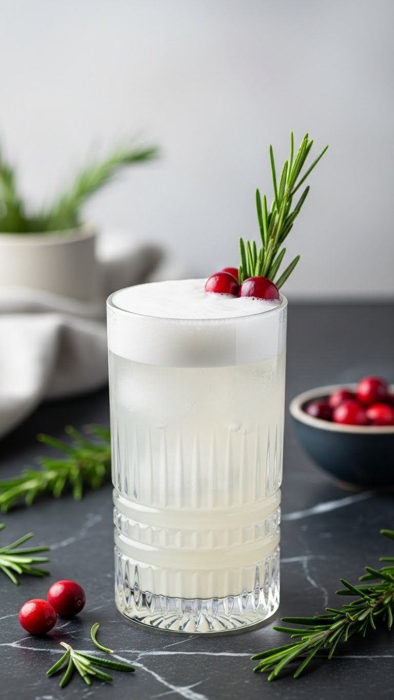 Festive Gin Fizz With Rosemary Garnish And Cranberries In Highball Glass On Dark Marble