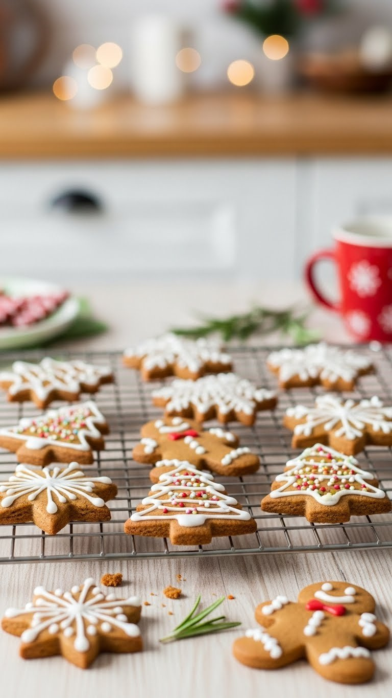 Festive Gingerbread Cookies Decorated With White Royal Icing And Colorful Sprinkles Arranged On A Cooling Rack In A Cozy Holiday Kitchen Setting