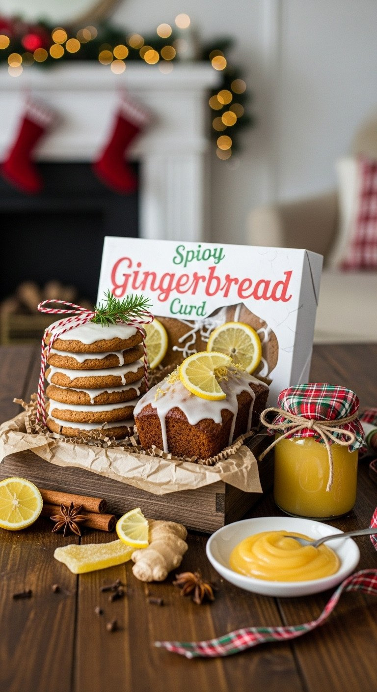 Festive Gingerbread Gift Basket With Iced Cookies, Gingerbread Loaf With Lemon Glaze, And Lemon Curd In A Rustic Wood Box.