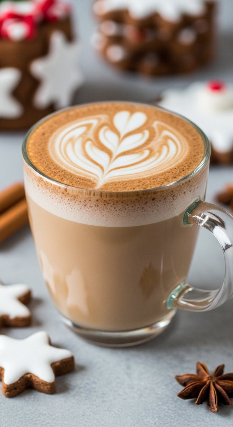 Festive Gingerbread Wonder Latte With Whipped Cream And Spices On A Rustic Surface.