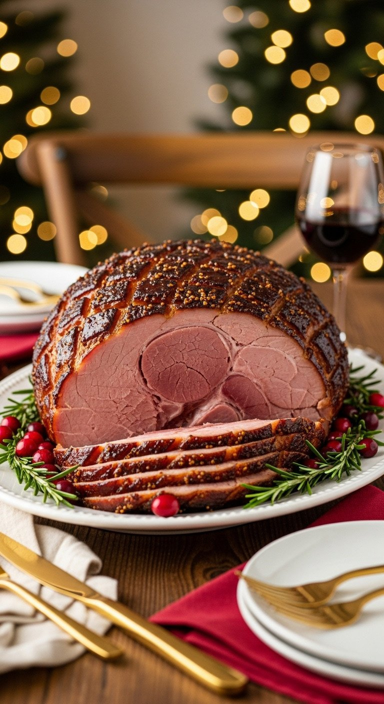 Festive Glazed Spiral-Cut Christmas Ham On A White Platter With Cranberries, Rosemary, And Gold Utensils On A Rustic Table.