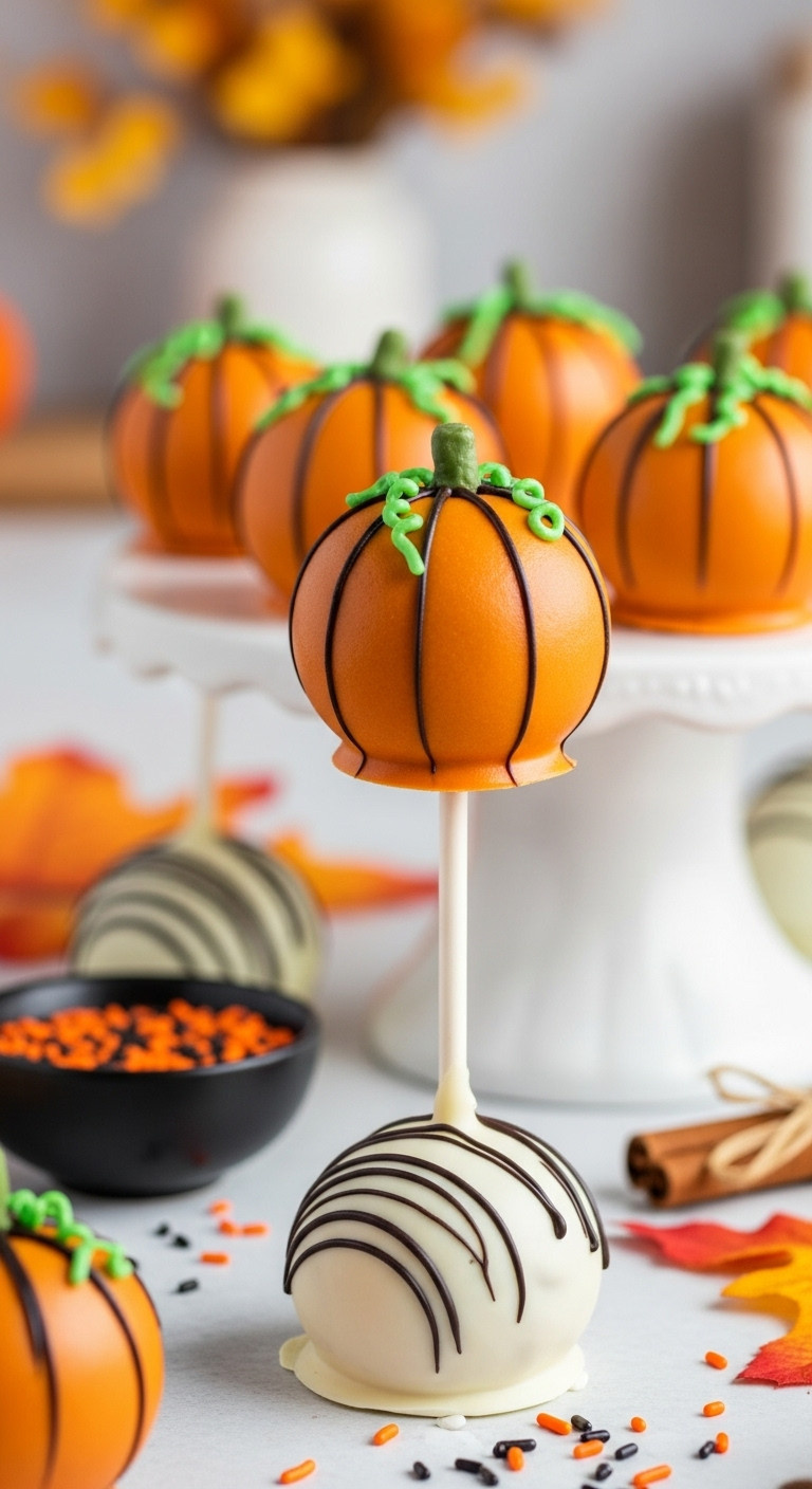 Festive Gluten-Free Pumpkin Spice Cake Pops With Green Sprinkle Stems In A Cake Pop Stand