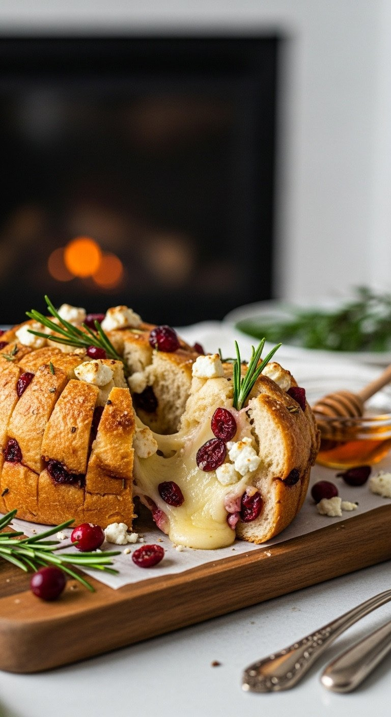 Festive Golden Cranberry Feta Baked Brie Pull-Apart Bread With Melted Cheese, Vibrant Cranberries, Fresh Rosemary, And Feta, Served On Wood.
