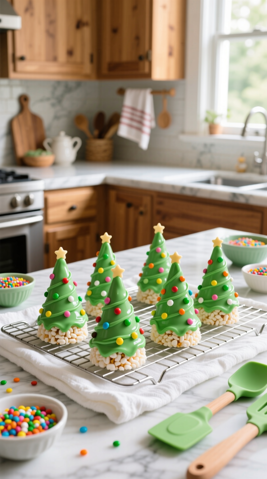 Festive Green Christmas Tree Rice Krispie Treats With Colorful Candy Sprinkles, Artfully Arranged On A Cooling Rack In A Kitchen.