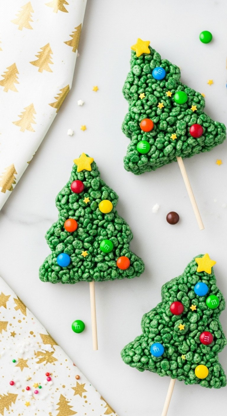 Festive Green Rice Krispie Christmas Trees Decorated With Colorful M&Amp;M Ornaments And Yellow Star Sprinkles On White Marble.