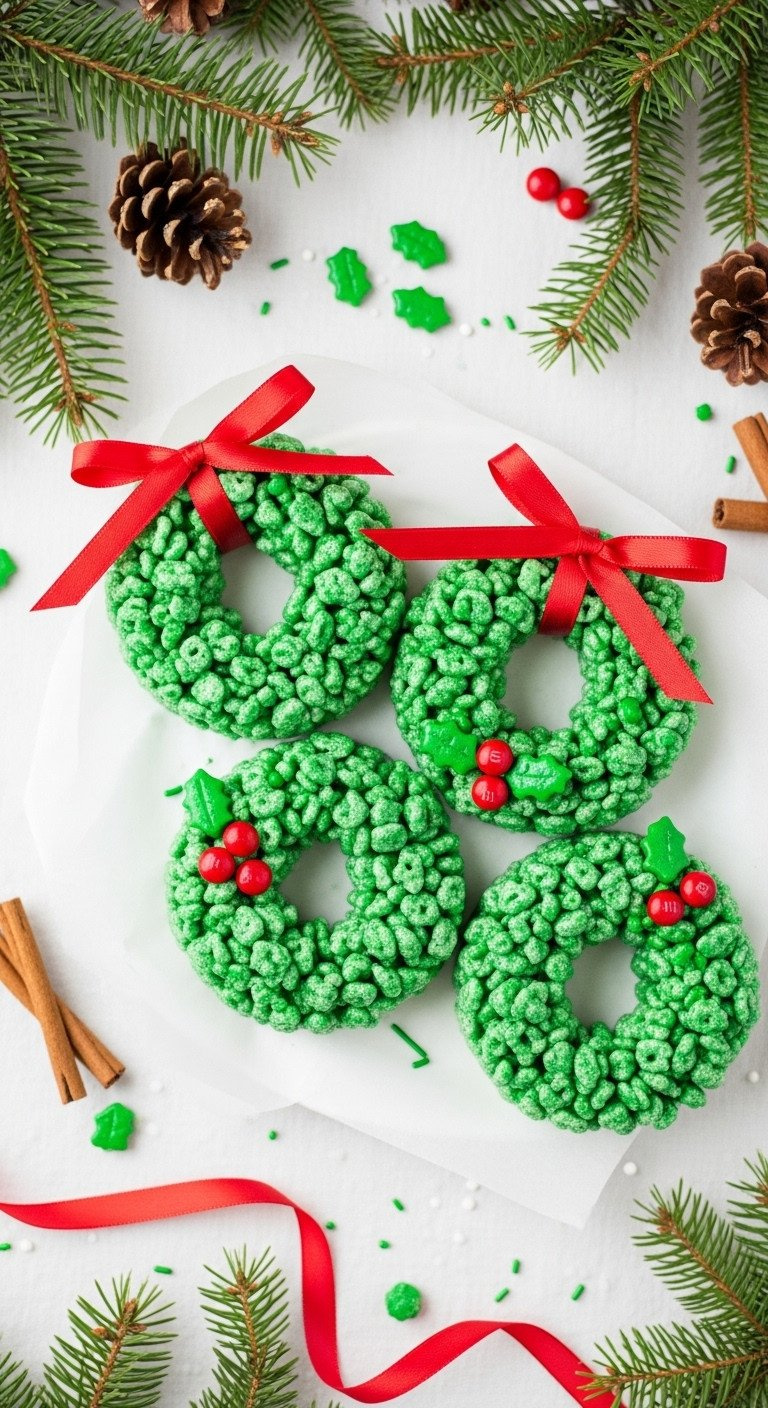 Festive Green Rice Krispie Wreaths With Red Candy Holly Berries And Ribbon Bows On A White Linen Tablecloth.