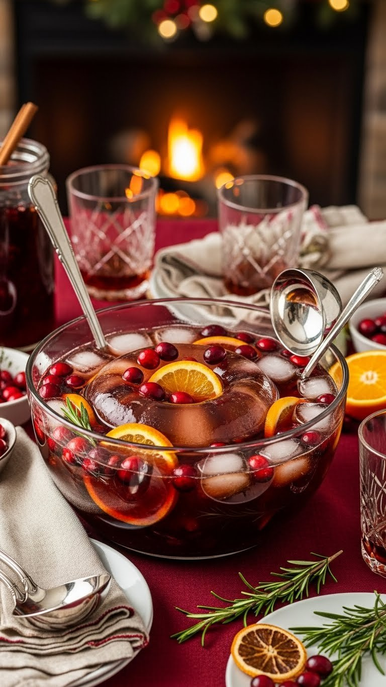 Festive Holiday Dr Pepper Punch Bowl With Cranberries, Orange Slices, And Sparkling Dark Soda