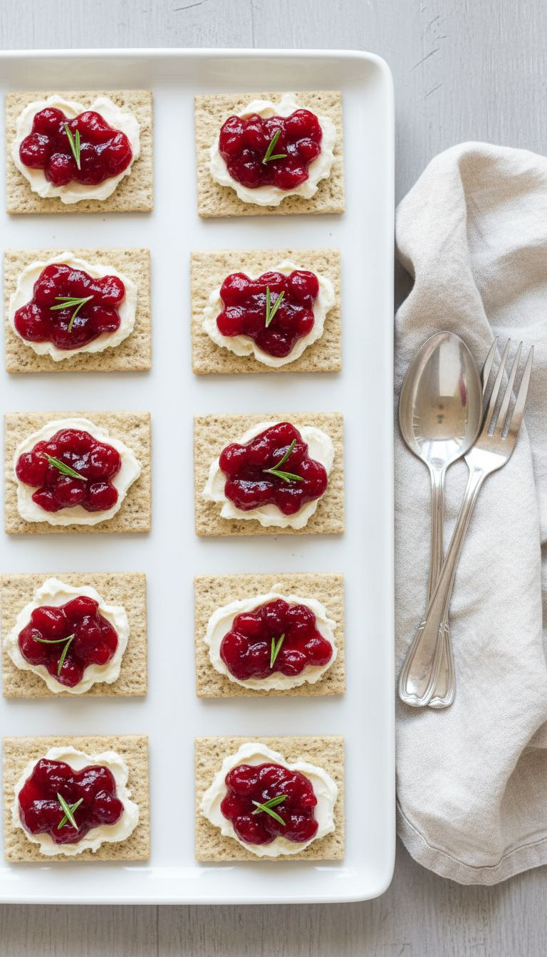 Festive Holiday Appetizers: Cranberry Cream Cheese On Crackers With Rosemary Sprig, Arranged On A White Platter.