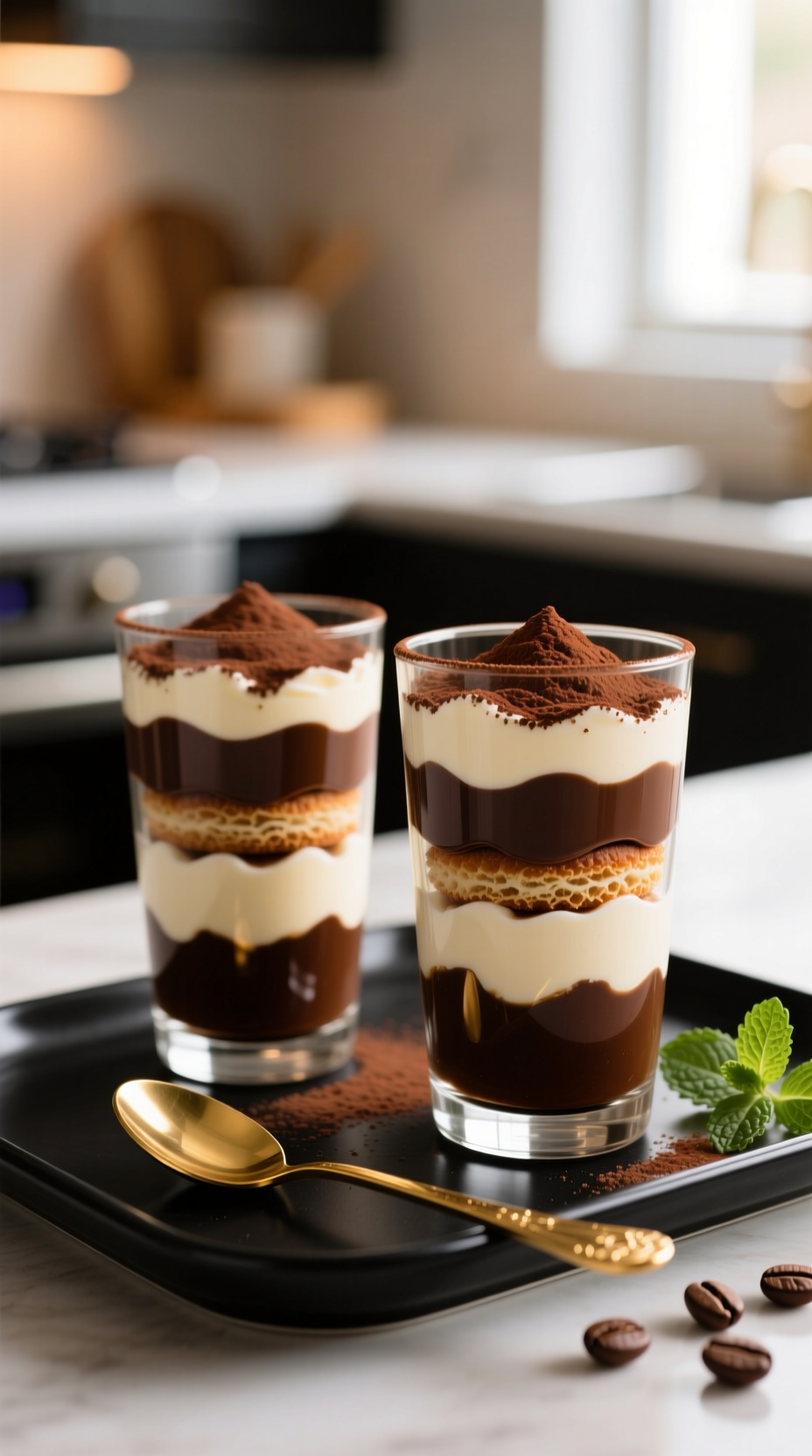Festive Holiday Tiramisu Parfaits In Clear Glasses, Layers Of Coffee Ladyfingers, Mascarpone, Cocoa Powder, Elegant Dessert.