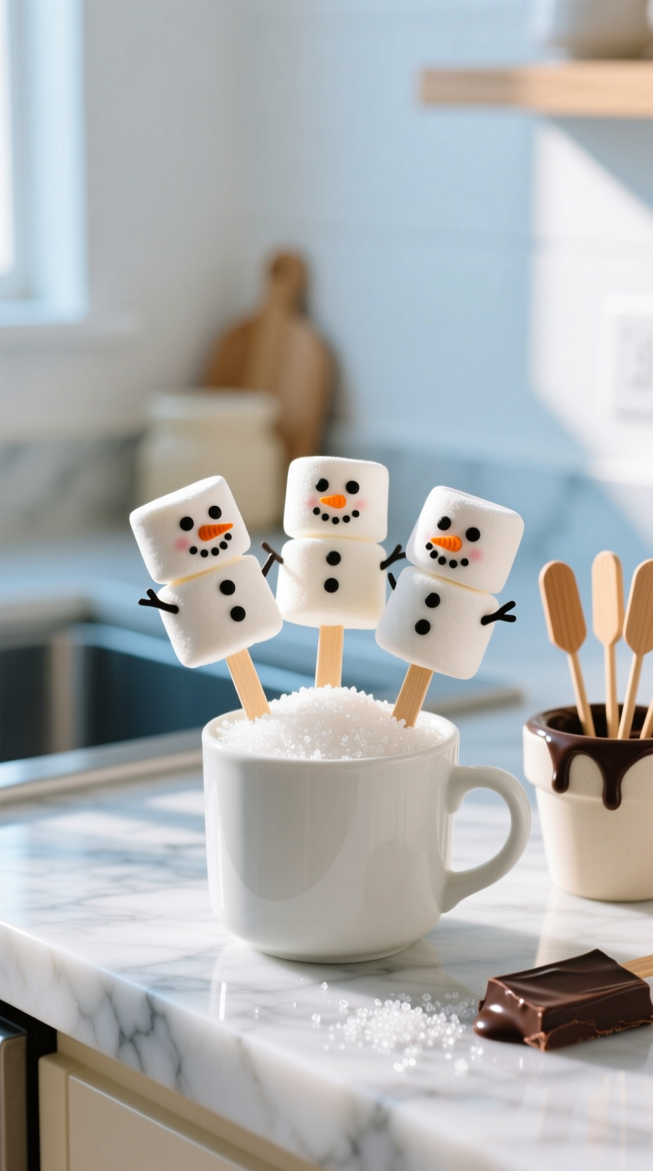 Festive Marshmallow Snowman Pops With Piped Eyes And Carrot Noses, Displayed In A White Mug On A Bright Marble Counter, Perfect For Holiday Treats.